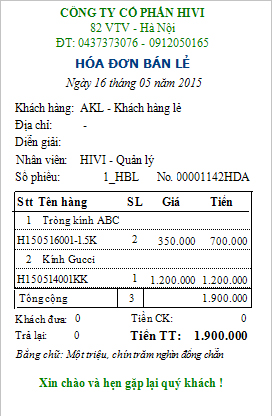 Hóa đơn bán hàng của một cửa hàng kính tại Hà Nội